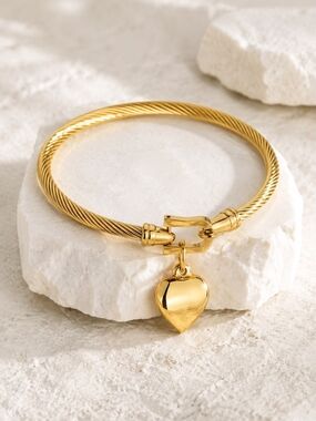 Gold Heart Charm Cable Bangle Bracelet